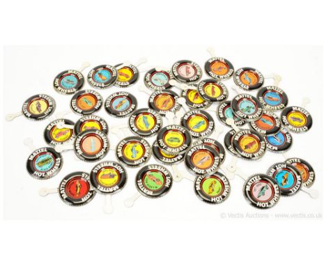 Hot Wheels (Mattel) Redline - a group of Vintage Button / Badges to include Maserati Mistral; Dora; Custom Firebird; "The Hea