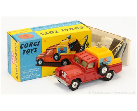 Corgi 477 Land Rover Breakdown Truck - red, yellow plastic canopy, lemon interior, spun hubs, silver trim, chrome spotlight -