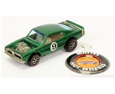 Hot Wheels (Mattel) Redline - 6411 King Kuda - metallic green, white rear stripe, number 9 on doors - Good Plus (does have so