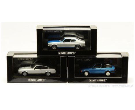 Minichamps (1/43 Scale) a group of Ford Models (1) Ford Escort Cabriolet (Mark 3) - metallic blue (Ltd 2016); (2) Ford Capri 