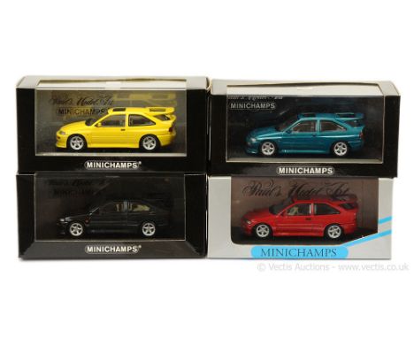 Minichamps (1/43 Scale) a group of Ford Escort Cosworth Models (1) metallic aqua; (2) red; (3) graphite grey (Ltd 1344) and (