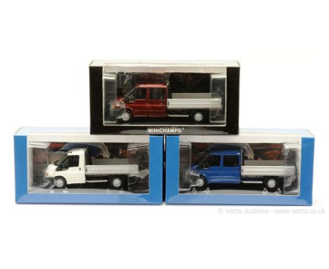 Minichamps (1/43 Scale) a group of Ford Transit Pick-Ups to include (1) Short Cab - white, silver dropside; (2) same as (1) b