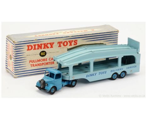 Dinky 982 Bedford Pullmore Car Transporter - mid-blue cab and ridged hubs with smooth tyres, light blue trailer with "Dinky T