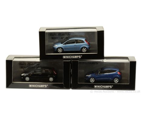 Minichamps (1/43 Scale) a group of Ford Fiesta Models to include (1) 2001 black (Ltd 1632); (2) 2002 light metallic blue (Ltd