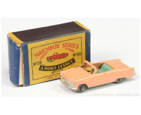 Matchbox Regular Wheels 39a Ford Zodiac Convertible - peach body, turquoise base, interior and tow hook, light tan figure dri