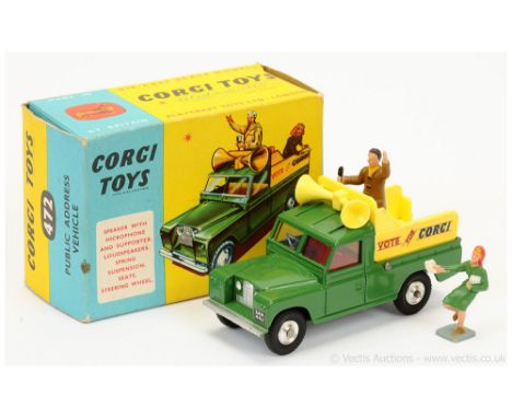 Corgi 472 Land Rover Public Address Vehicle "Vote for Corgi" - green, yellow plastic back, red interior, silver trim, spun hu