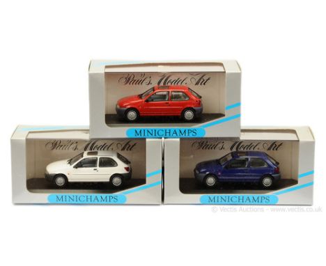 Minichamps (1/43 Scale) Ford Fiesta group to include (1) 1995 red, grey; (2) white, grey and (3) purple, grey - conditions ar