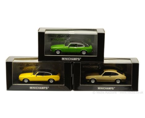 Minichamps (1/43 Scale) Ford Capri group to include (1) (Mark 1) green including interior, black hood (Ltd 2016); (2) same as