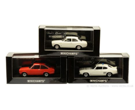 Minichamps (1/43 Scale) a group of Ford Models (1) Escort (Mark 1) - TC - white (Ltd 3024); (2) Escort (Mark 2) - orange (Ltd