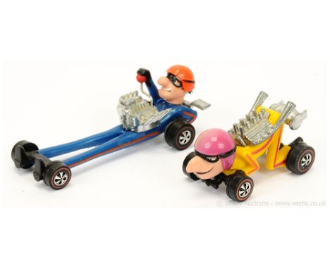 Hot Wheels (Mattel) Redline a pair of Farbs (1) Dragster - finished in blue, orange helmet and (2) yellow, purple helmet (ver