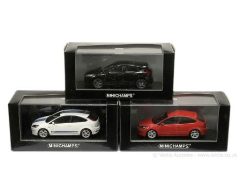 Minichamps (1/43 Scale) a group of Ford Focus Models (1) ST (2008) - white (Ltd 1440); (2) same as (1) but red (Ltd 1248) and