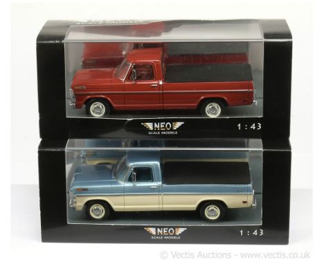 Neo Scale Models (1/43 Scale) a pair of Ford Pick-Ups (1) F-Series two-tone blue, off-white, black cover and (2) same as (1) 