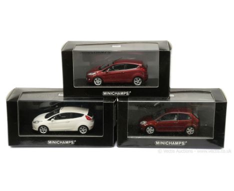 Minichamps (1/43 Scale) group of Ford Fiesta Models (1) - (2002) - metallic maroon - (Ltd 1008); (2) - (2008) - white (Ltd 10