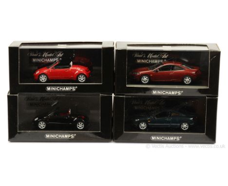 Minichamps (1/43 Scale) a group of Fords (1) Cougar (1998) - metallic green; (2) metallic maroon; (3) Streetka - red (Ltd 220