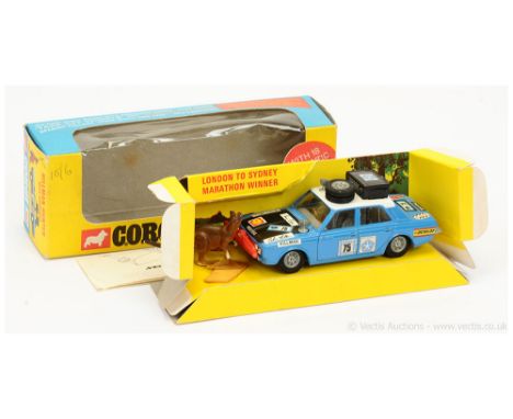 Corgi 302 Hillman Hunter "London to Sydney Marathon Winner" - finished in blue, white, black bonnet, grey interior, Golden Ja