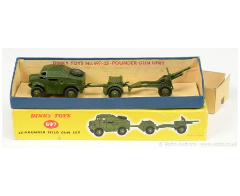 Dinky Military 697 Field Gun Set to include Artillery Tractor with figure driver; Ammunition Trailer and Field Gun - all are 