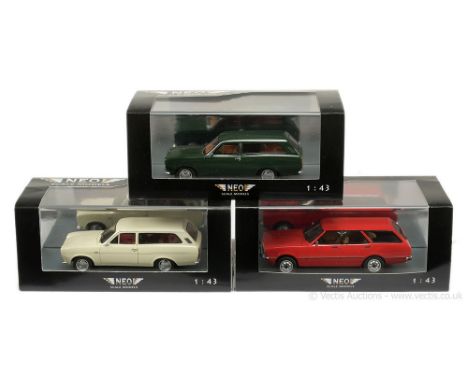 Neo Scale Models (1/43 Scale) a group of Ford models to include 44336 Escort (Mark 1) Estate - green; another same as previou