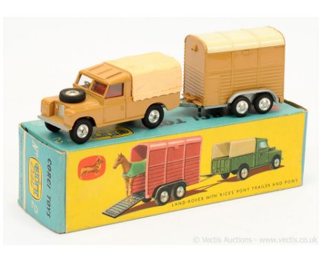 Corgi GS2 Gift Set to include Land Rover - light tan, cream plastic canopy, red interior, silver trim, spun hubs, with Rices 