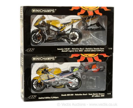 Minichamps (1/12 Scale) - "Valentino Rossi Collection" - a pair (1) 122053096 Yamaha YZR-M1 "Moto GP Laguna Seca 2005" and (2