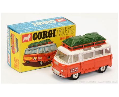 Corgi 508 Commer "Holiday Camp Special" Bus - two-tone white, orange, silver trim, spun hubs, white interior, green plastic c