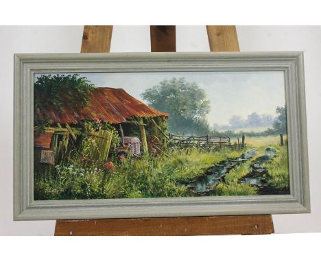 K Curlis, The Farm Barn, oil on board, signed and dated lower left, 61cm x 28cm