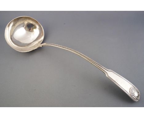 A silver soup ladle, double struck in the fiddle, thread and shell pattern. by Eley, Fearn and Chawner  London 1831, 33cm lon