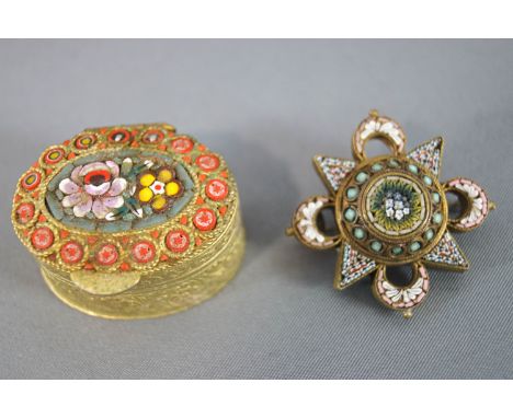 A collection of micro mosaic items to include a panel bracelet (broken), three brooches and a trinket box. All finished in ba