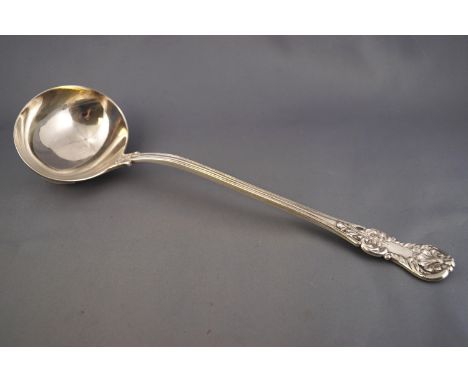 A substantial silver soup ladle, double struck in a contrived Queen's pattern and thread design, with elaborate picture back,