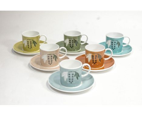 A Susie Cooper 'Harlequin' coffee service, comprising six coffee cans and saucers, printed factory marks