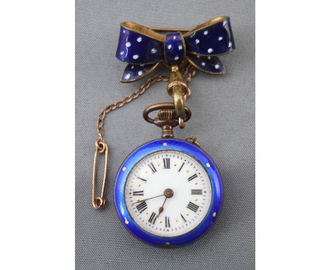 A gold-plated  fob watch with blue enamelled finish. Fitted to a blue and white enamelled bow brooch with additional safety c