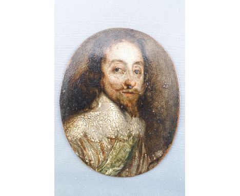 A 17th century portrait miniature of Charles l, painted on copper, of oval form, 9cm x 7cm