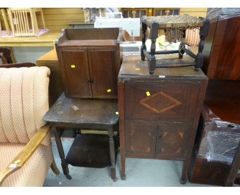 Marquetry night cabinet, rush stool, occasional table and a smoker's cabinet