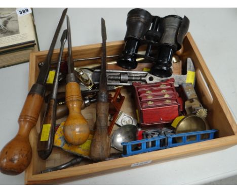 Parcel of vintage tools, binoculars, diecast models etc