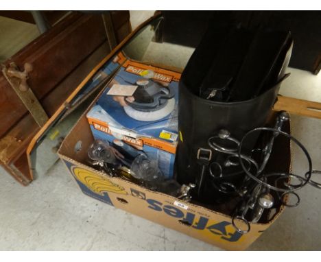 Box of household items including black briefcase, vintage trouser press etc