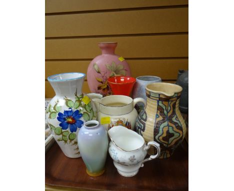 Sundry vases including a milk glass floral moon flask