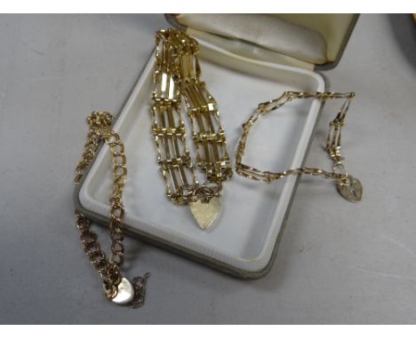 Two nine carat gold bracelets, 6 grms together with a non-hallmarked, believed nine carat gold gate bracelet with heart shape