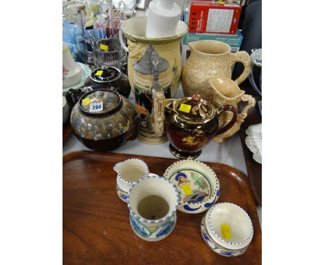 Sundry south coast pottery items, various teapots, pottery stein, Portmeirion rolling pin etc