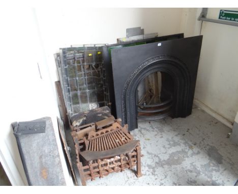 Quantity of fireplace metalware, dog grate, fire surround etc