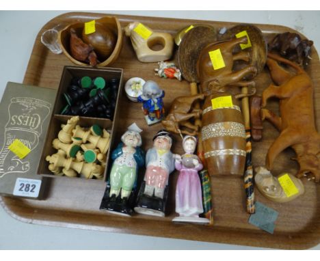 Tray of collectables including carved items, chess pieces, pottery figures, brass snuff box etc