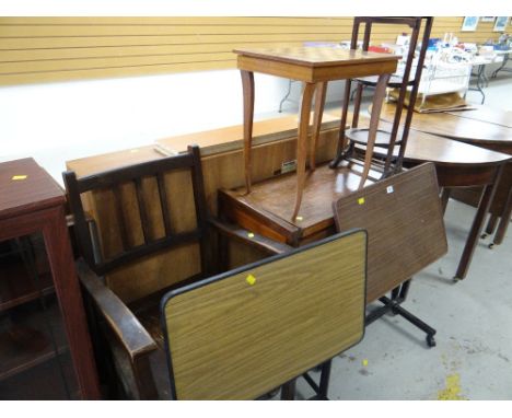 Two overbed tables, a games table, cakestand, commode etc