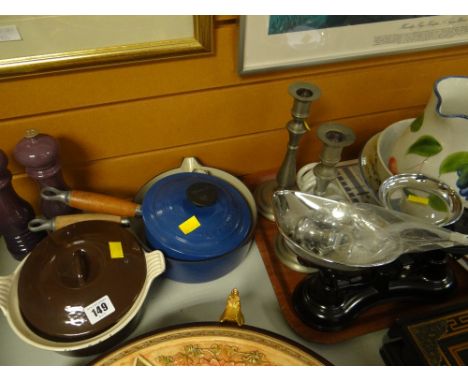 Two Le Creuset pans, a Le Creuset salt and pepper grinder set, set of kitchen scales etc