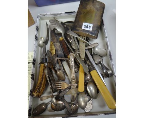 Parcel of mixed flatware and a white metal hip flask