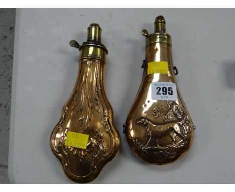 Pair of brass hunting gunshot flasks