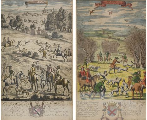 Richard Blome (British 1635-1705): 'Unharbouring Ye Stagg' and 'Fox Hunting - Uncoupling & Casting of Ye Hounds', pair early 