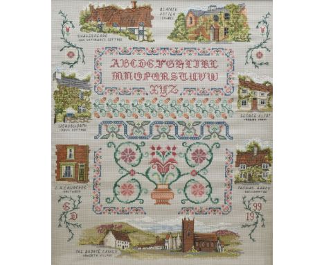 20th century needlework sampler depicting panels of famous historical author's and their houses, to include: Shakespeare, Bea