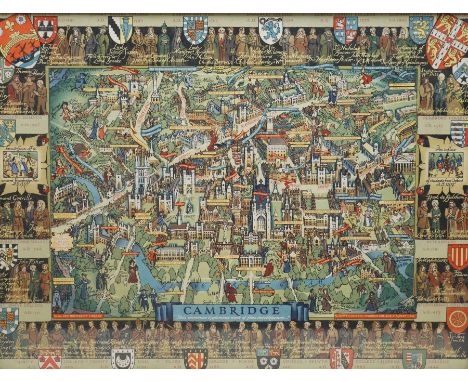 Kerry Lee (British 1902-1988): 'Cambridge', pictoral colour lithograph map pub. c.1947, 44cm x 58cm