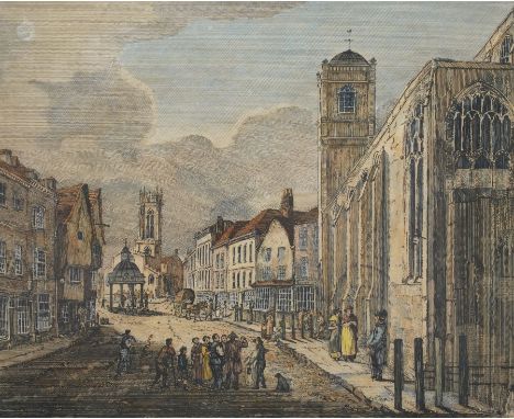 Henry Cave (British 1779-1836): 'Pavement with the Churches of St Crux and All Saints' York, early 19th century etching with 