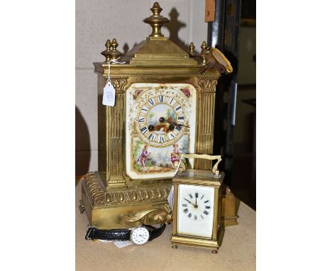 A MID TWENTIETH CENTURY BRASS MANTEL CLOCK, A VINTAGE BRASS CARRIAGE CLOCK, AND A WRIST WATCH, mantel clock height 40cm, with