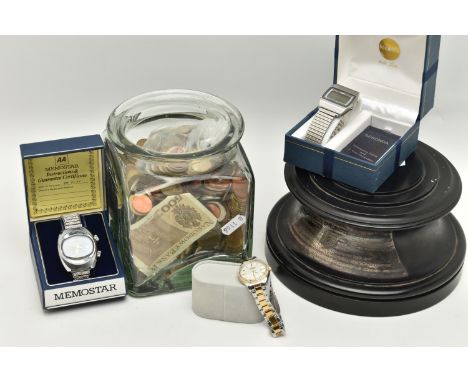 THREE WRISTWATCHES, A GLASS JAR OF COINS AND A TROPHY PLINTH, to include a boxed manual wind, 'Memostar Alarm' with a blue ov