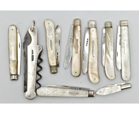SILVER FRUIT KNIVES AND A POCKET KNIFE, to include eight fruit knives, all fitted with mother of pearl handles and silver bla